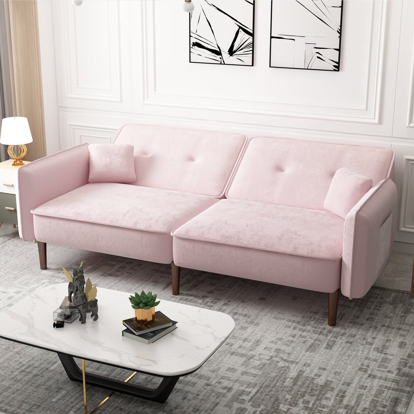 Convertible Velvet Sofa Bed with Wood Legs - Pink Elegance