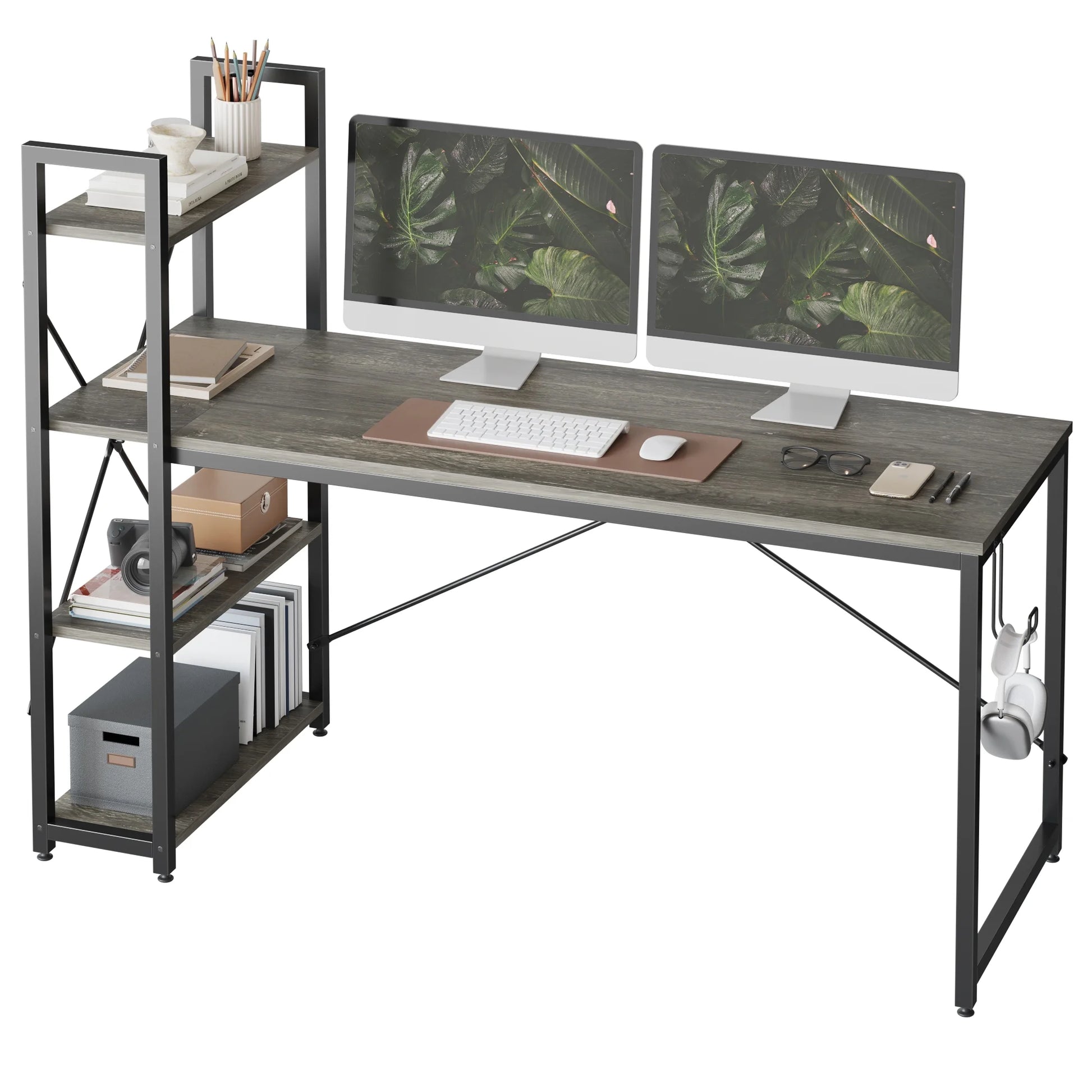 63" Computer Desk with Adjustable Shelves, Writing Desk with Reversible Bookshelf, Gray