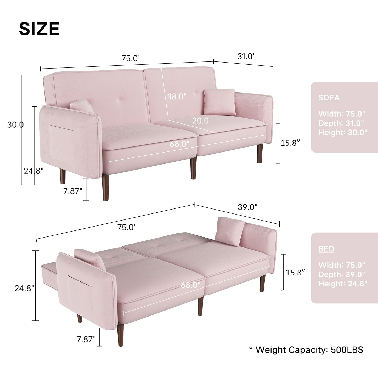 Convertible Velvet Sofa Bed with Wood Legs - Pink Elegance