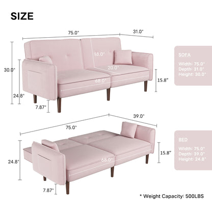 Convertible Velvet Sofa Bed with Wood Legs - Pink Elegance