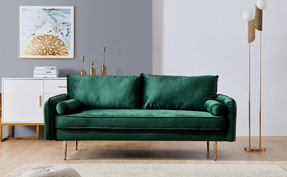 Emerald Plush Velvet Sofa with Luxe Throw Pillows and Golden Legs