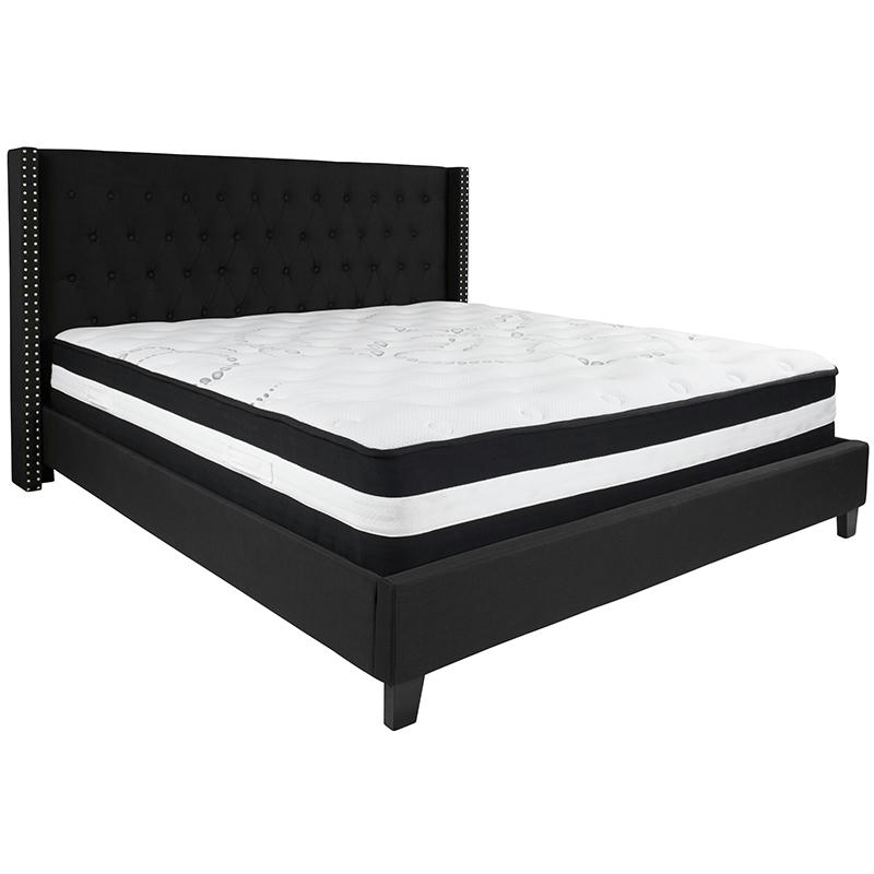 King Size Platform Bed in Black Fabric with Pocket Spring Mattress