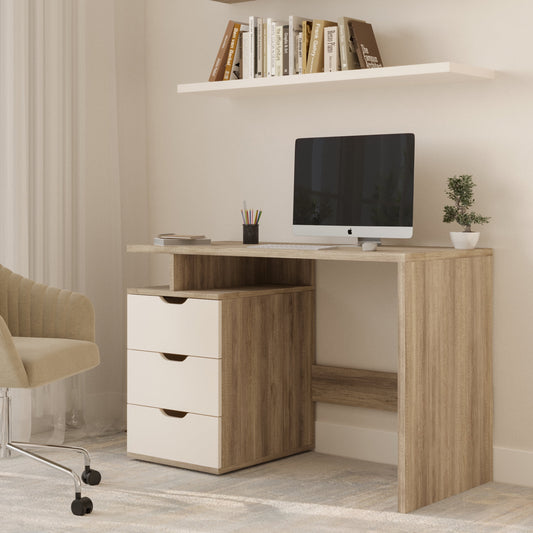 Computer Desk with Attached 3-Drawer File Cabinet (White)