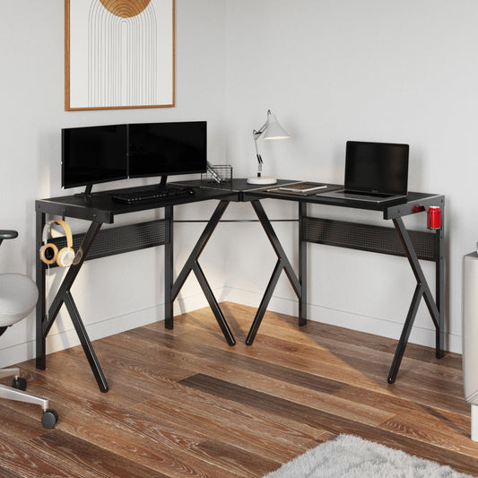 L Shaped Computer Desk with Headphone and Cup Holder Modern Style (Black)