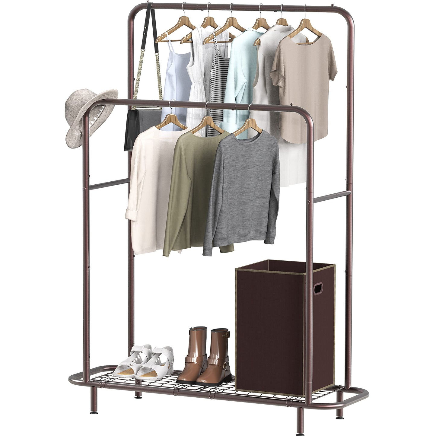 Double Rod Clothing Garment Rack with Industrial Pipe and Bottom Shelves, Bronze