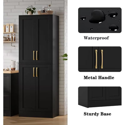 Kitchen Pantry Cabinet with 4 Doors and Adjustable Shelves, Tall Black Cabinet Freestanding Storage Cupboard for Dining Room