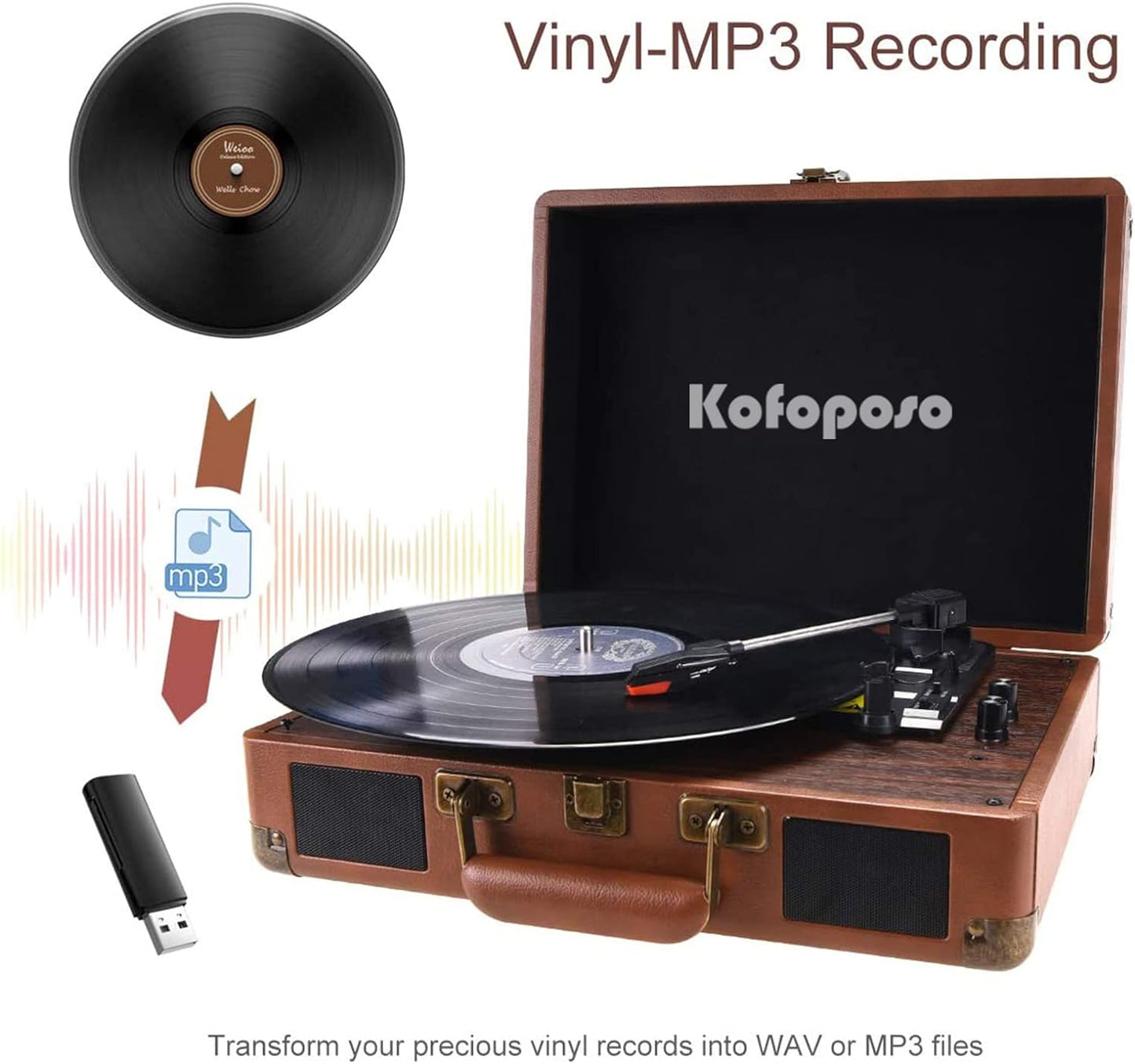 Vinyl Record Player,Record Players for Vinyl with Speakers,Portable Record Player Suitcase Design,Vinyl to MP3 Recording with Bluetooth,Usb Drive,Rca Out,Aux in Funtion,Brown