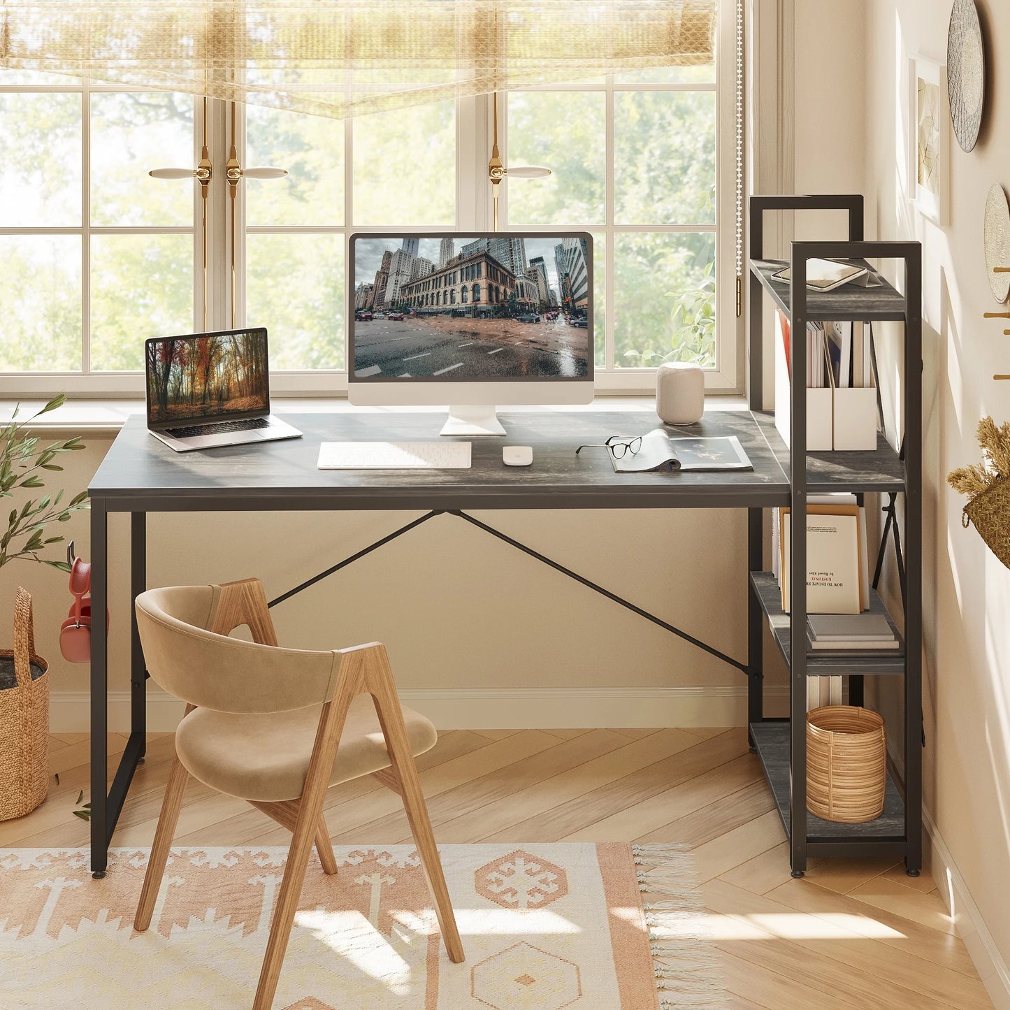 63" Computer Desk with Adjustable Shelves, Writing Desk with Reversible Bookshelf, Gray