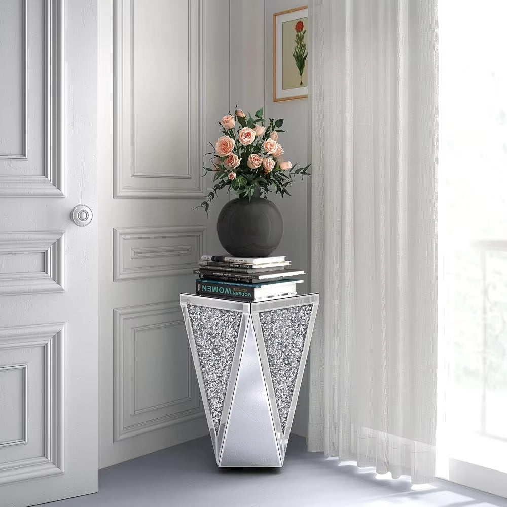 Mirrored End Table Diamond Setting Side Table Pedestal Stand for Hallway, Living Room