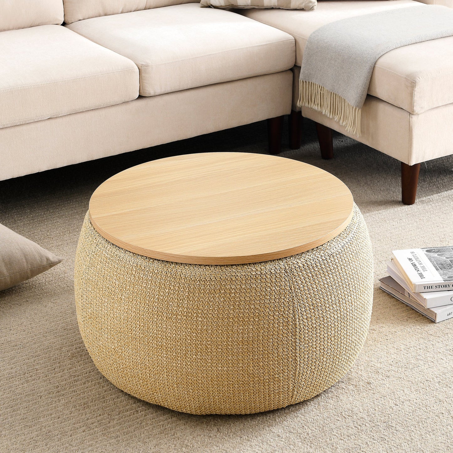 Round Storage Ottoman, 2 in 1 Function, Work as End table and Ottoman,