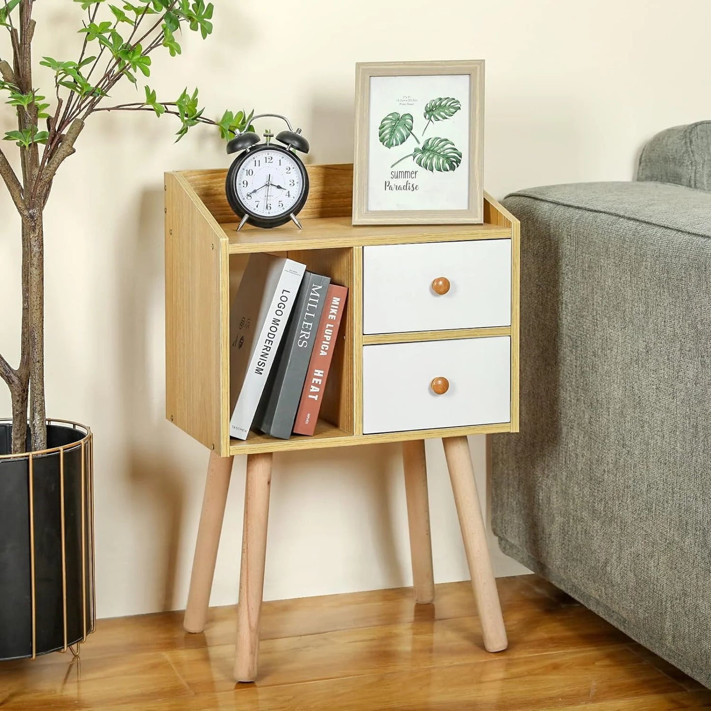 Mid Century Side Table Nightstand, Bedside Table with 2 Drawers, Modern Natural Wood End Table Side Table for Bedroom Living Room