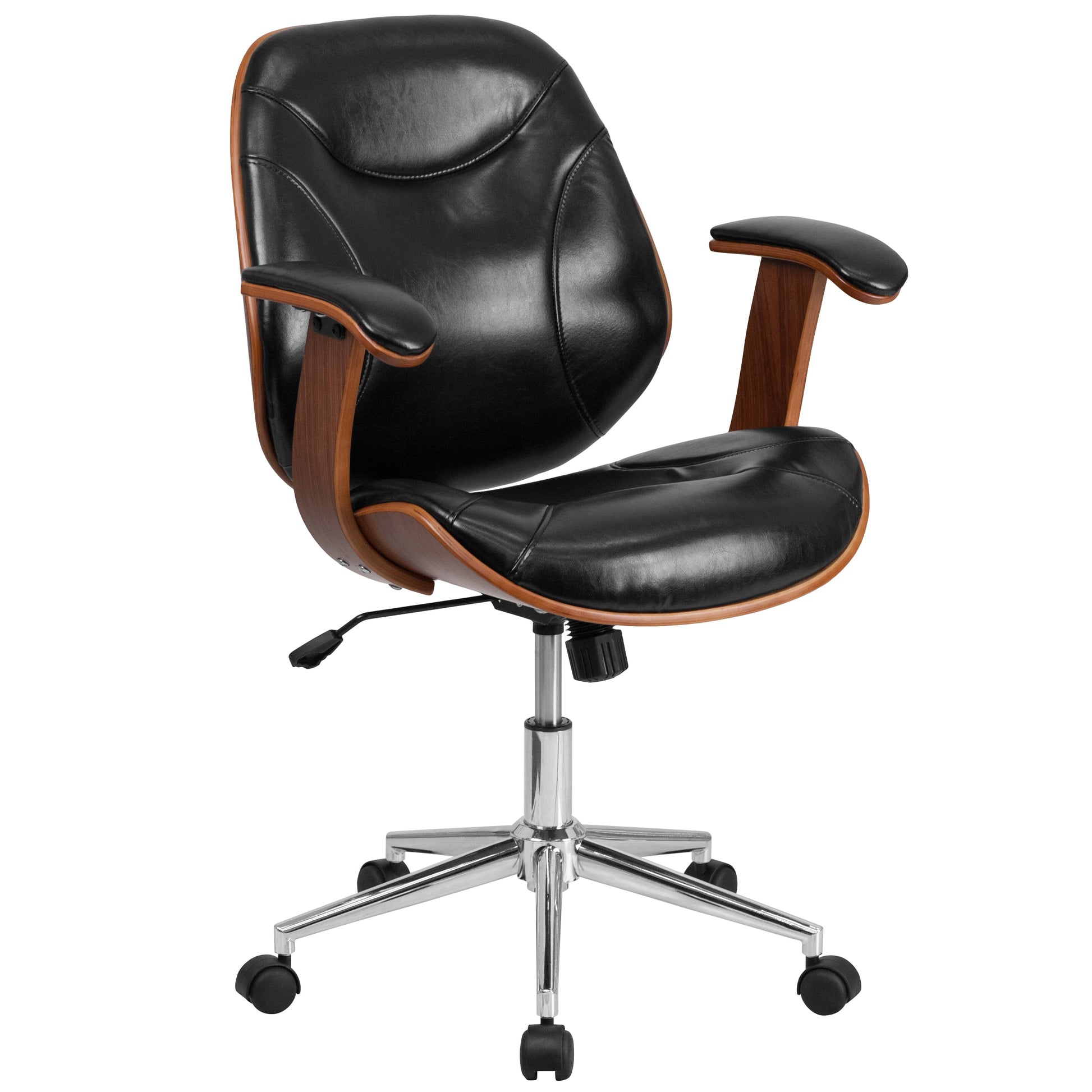 Mid-Back Ergonomic Office Chair Executive Swivel Bentwood Frame Desk Chair in Black Faux Leather