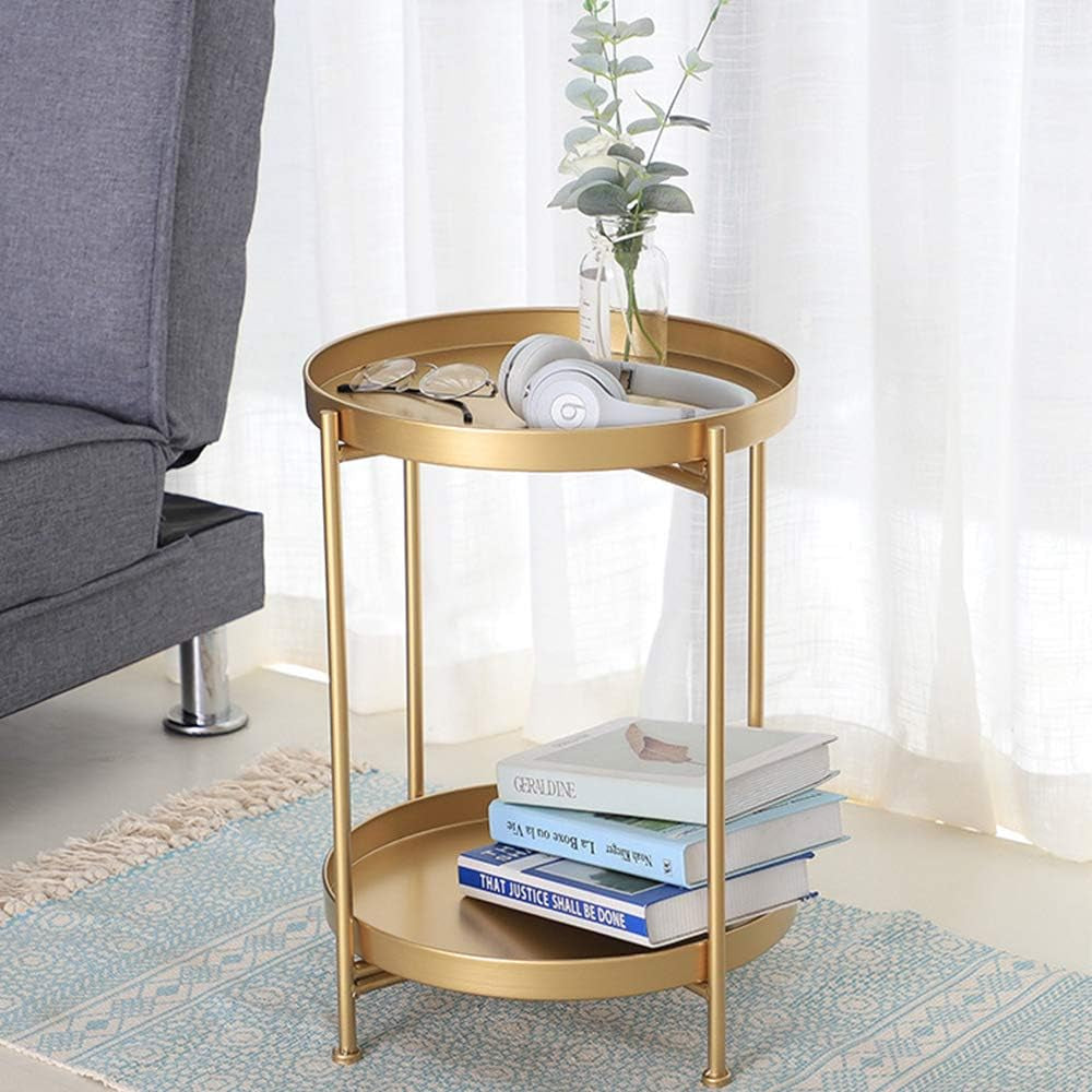 Gold Side Table, Metal Gold Modern Nightstand, Small round Table Metal Tray Side Table for Living Room Bedroom Kitchen Dining Room Game and Recreation Room