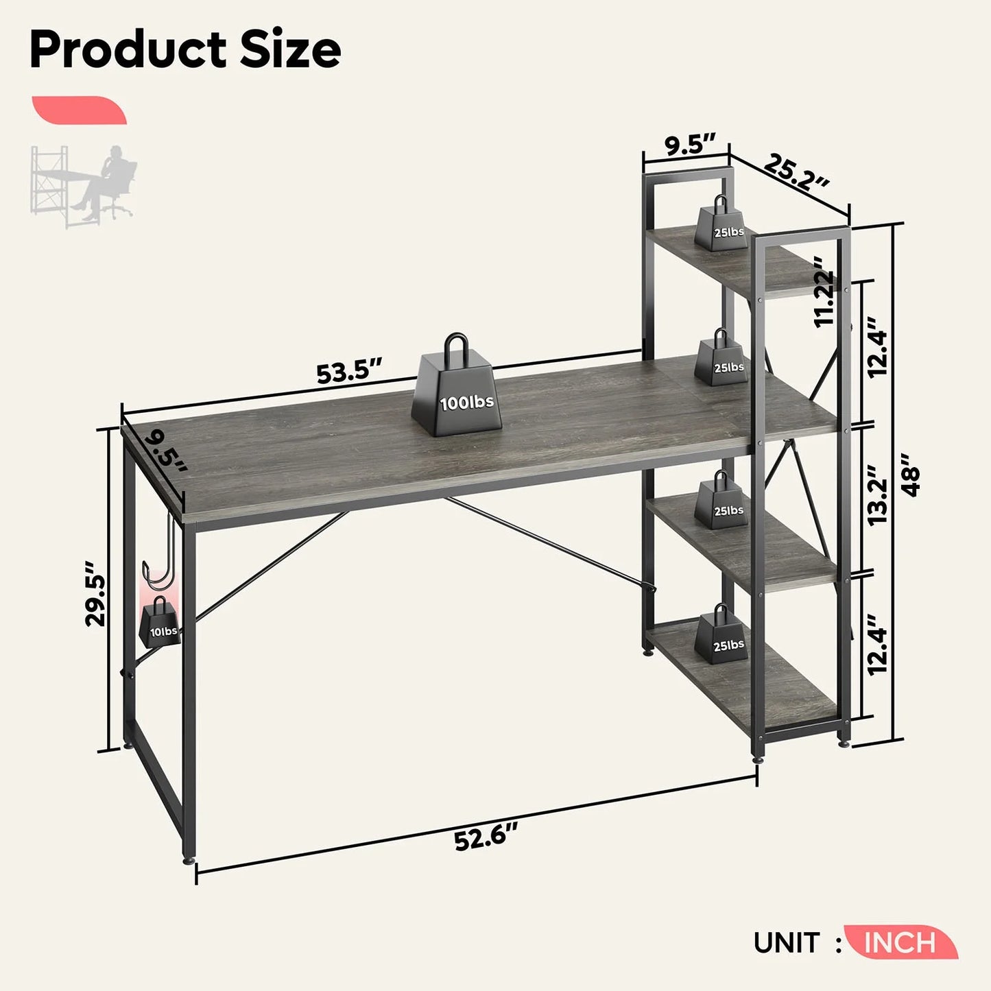 63" Computer Desk with Adjustable Shelves, Writing Desk with Reversible Bookshelf, Gray