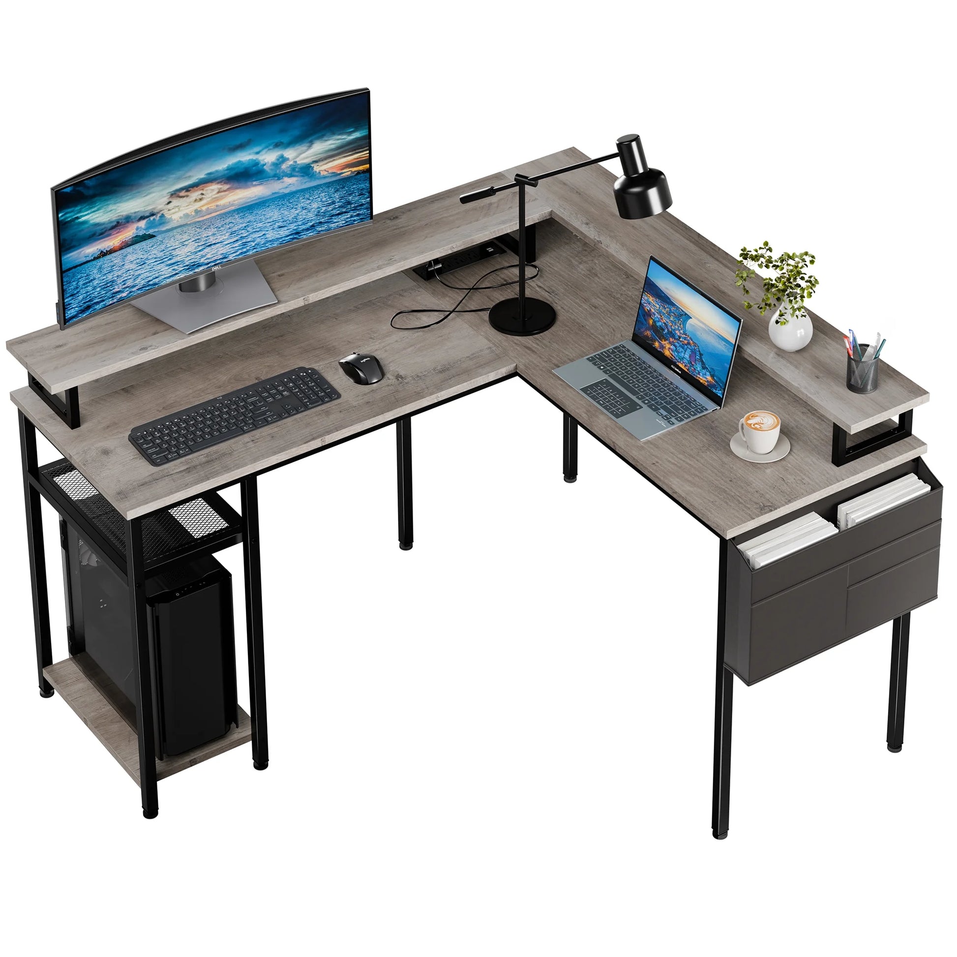 L Shaped 55 Inch LED Gaming Desk with Outlets & USB Ports Computer Office Desks with Storage Bag, Large Work Table Student Kids Desk Study Workstation Grey