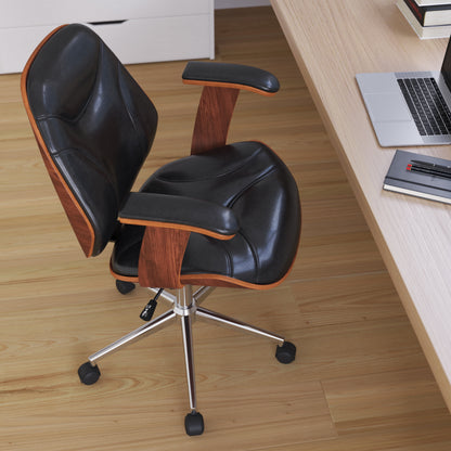 Mid-Back Ergonomic Office Chair Executive Swivel Bentwood Frame Desk Chair in Black Faux Leather