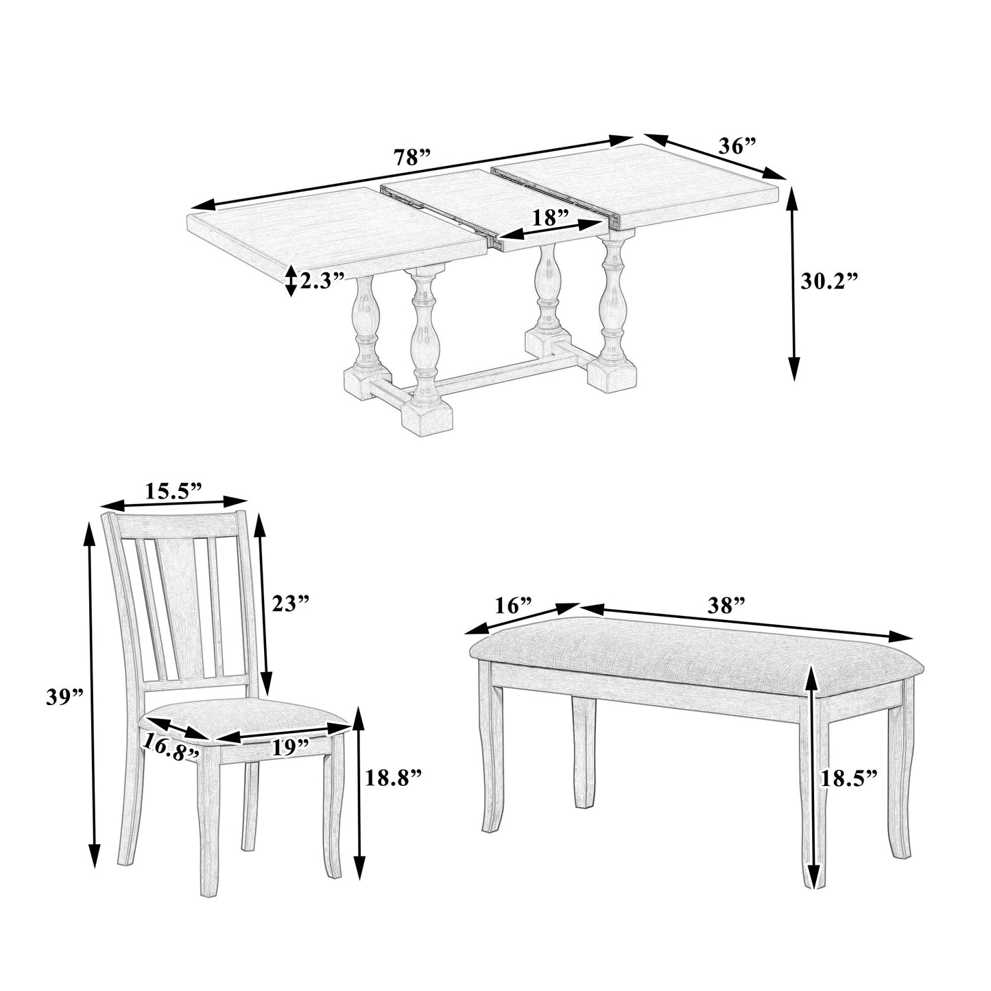 Traditional 6-Piece 78inch Trestle Extendable Dining Table Set with