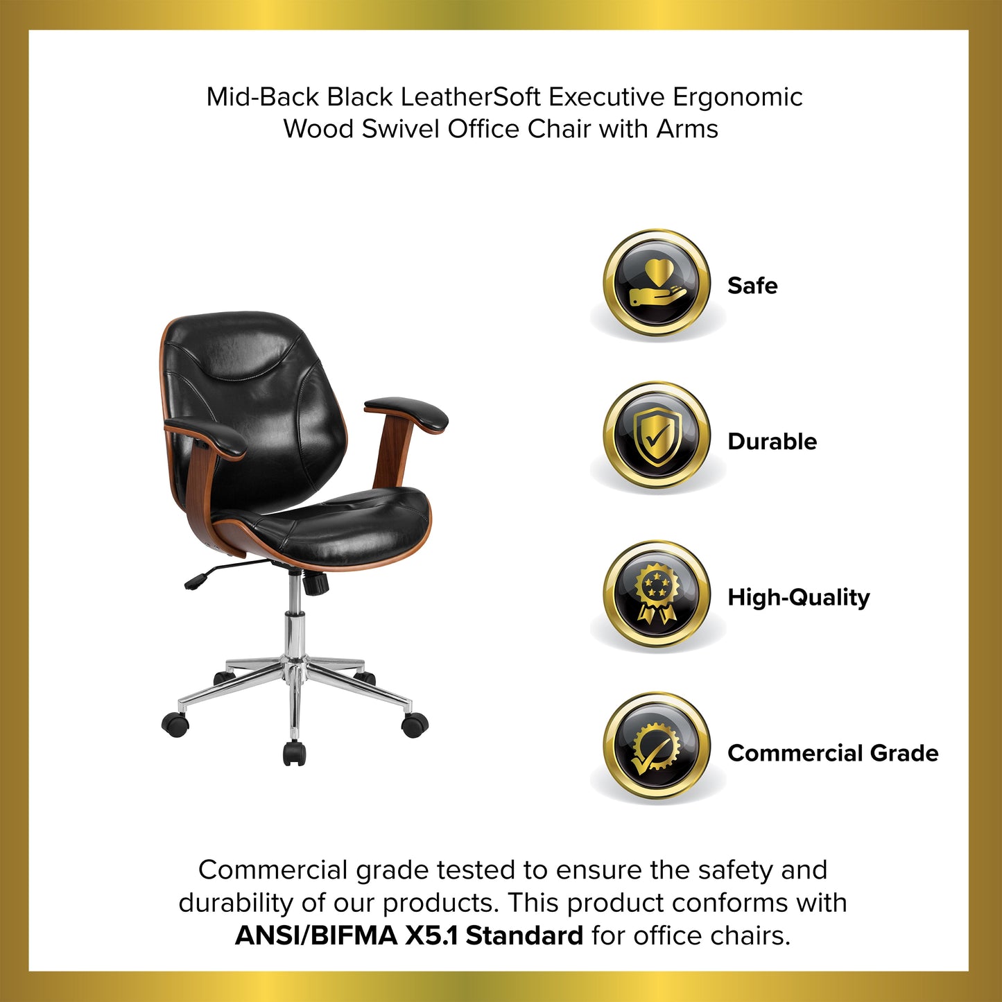 Mid-Back Ergonomic Office Chair Executive Swivel Bentwood Frame Desk Chair in Black Faux Leather