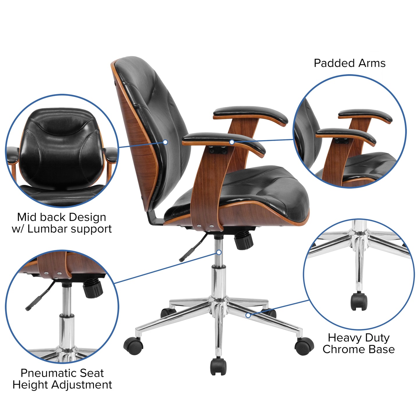 Mid-Back Ergonomic Office Chair Executive Swivel Bentwood Frame Desk Chair in Black Faux Leather