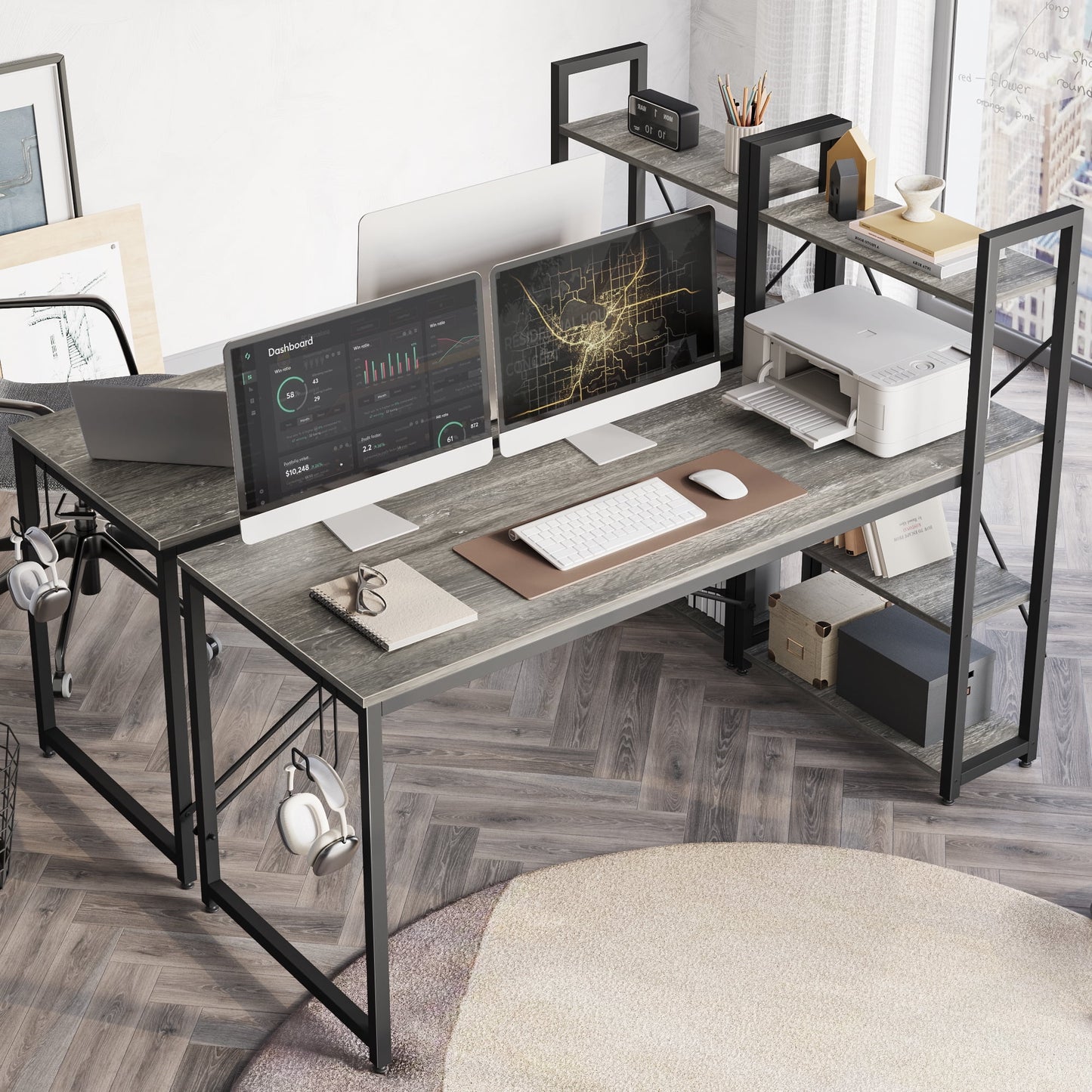 63" Computer Desk with Adjustable Shelves, Writing Desk with Reversible Bookshelf, Gray