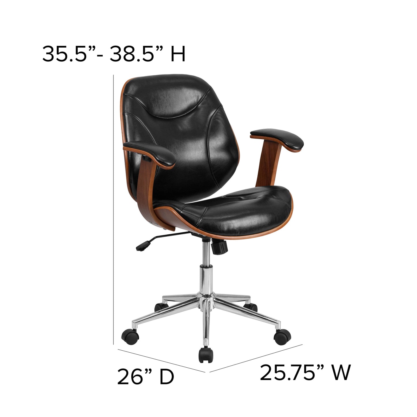 Mid-Back Ergonomic Office Chair Executive Swivel Bentwood Frame Desk Chair in Black Faux Leather