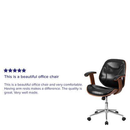 Mid-Back Ergonomic Office Chair Executive Swivel Bentwood Frame Desk Chair in Black Faux Leather