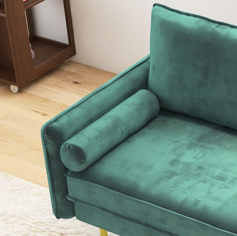 Emerald Plush Velvet Sofa with Luxe Throw Pillows and Golden Legs