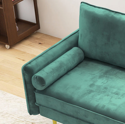 Emerald Plush Velvet Sofa with Luxe Throw Pillows and Golden Legs