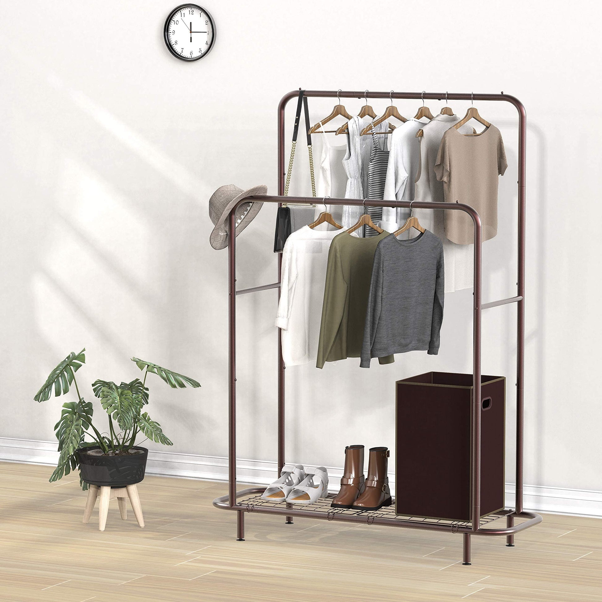 Double Rod Clothing Garment Rack with Industrial Pipe and Bottom Shelves, Bronze