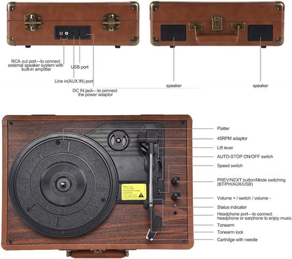 Vinyl Record Player,Record Players for Vinyl with Speakers,Portable Record Player Suitcase Design,Vinyl to MP3 Recording with Bluetooth,Usb Drive,Rca Out,Aux in Funtion,Brown