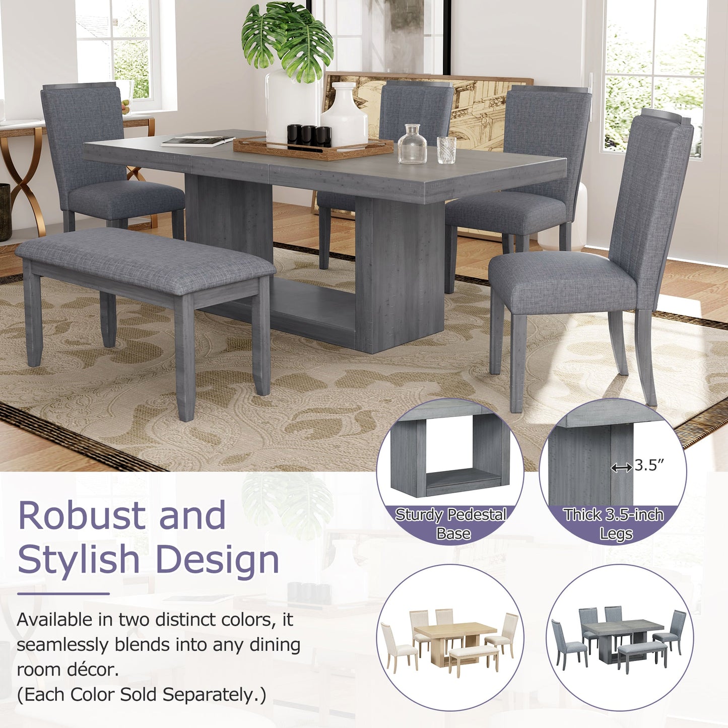 Contemporary 6-Piece 78inch Extendable Pedestal Dining Table Set with