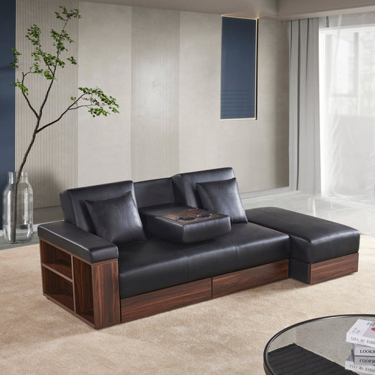 Multi-Functional Black Leather Sofa with Hidden Storage, Built-In Drawer, and Convertible Seating