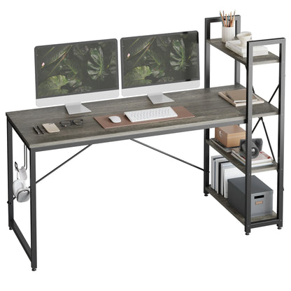 63" Computer Desk with Adjustable Shelves, Writing Desk with Reversible Bookshelf, Gray